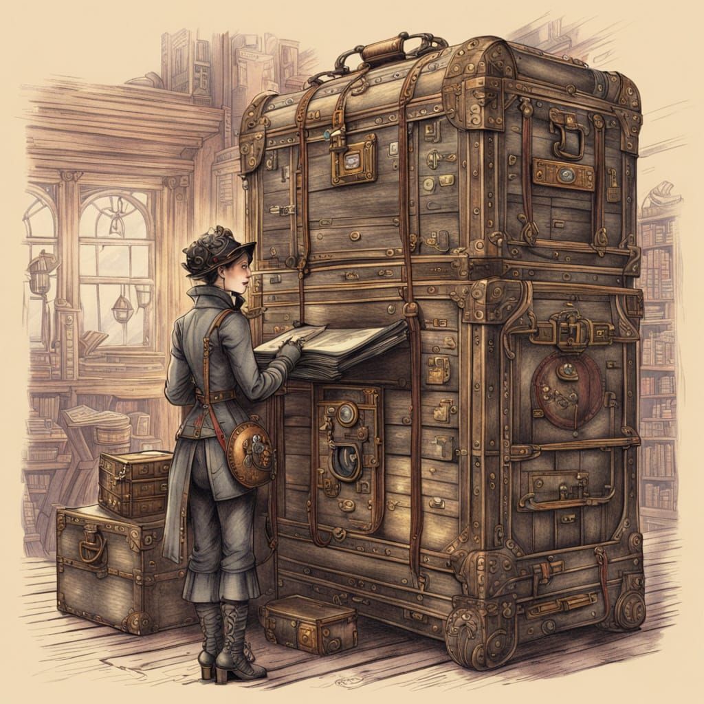 Steampunk Captain Packs Books in Steamship Cabin