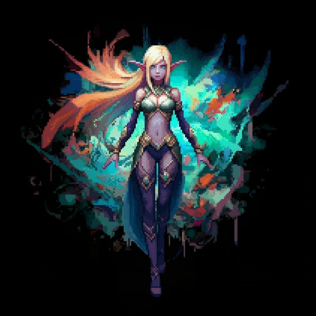 JRPG Elf in Pixel Art with Graffiti Background