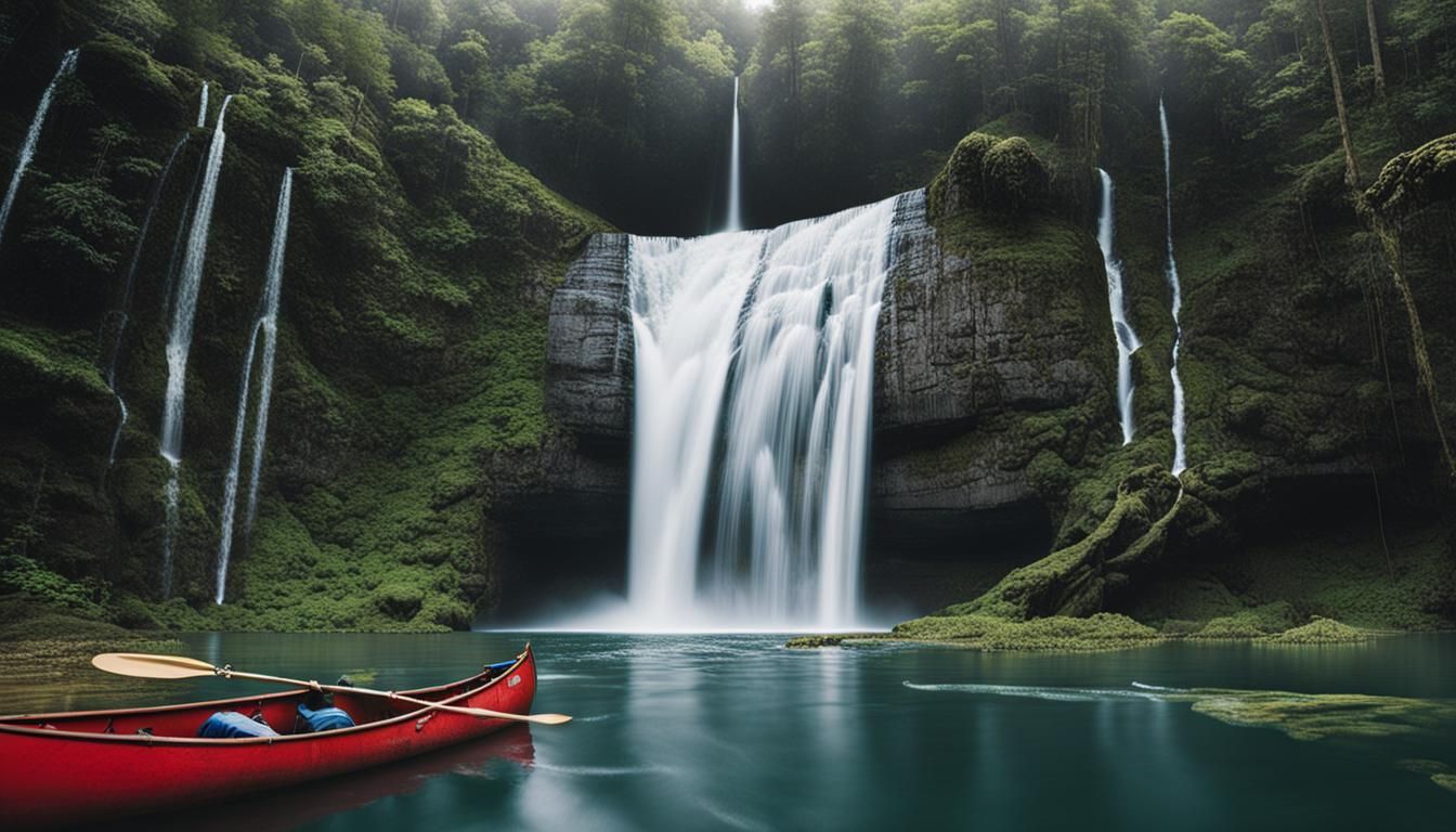 Canoe on Waterfall Edge About to Plunge
