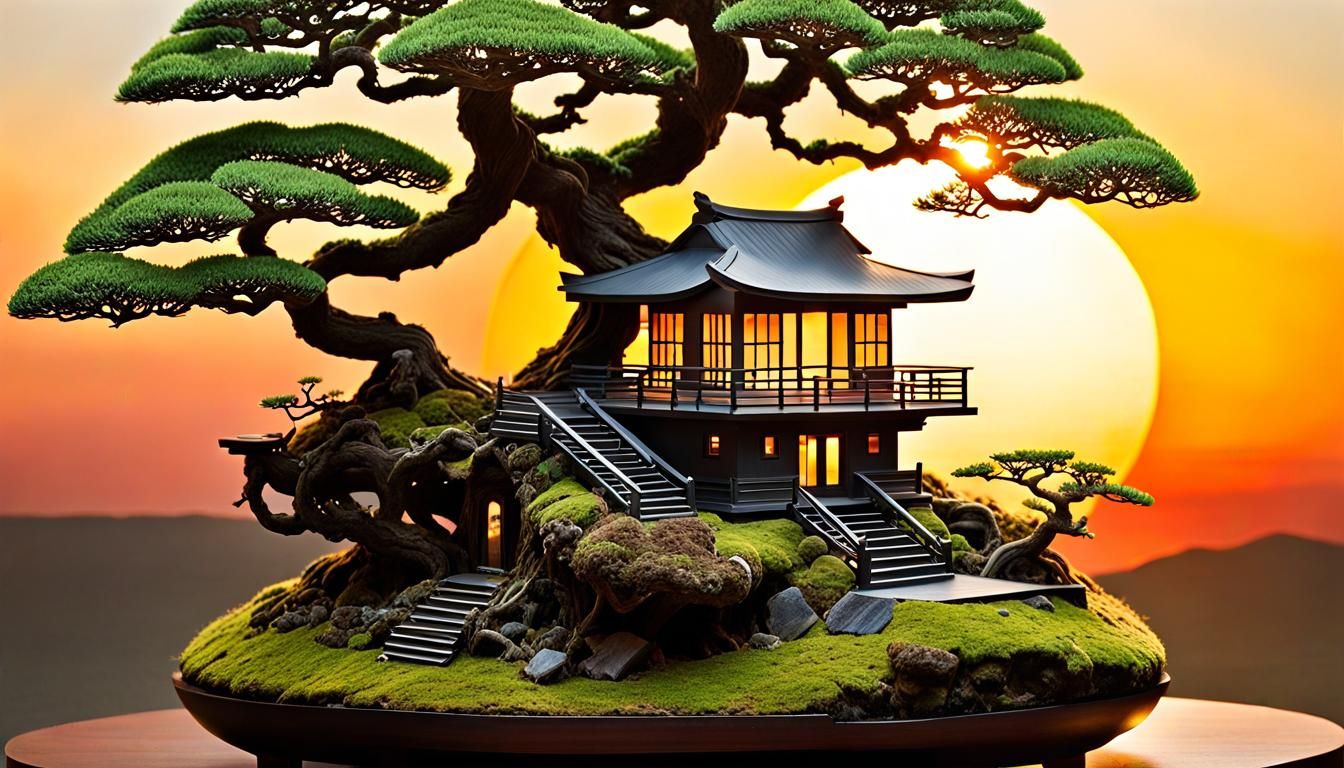 Bonsai House Sunset: Double Exposure Abstract Art