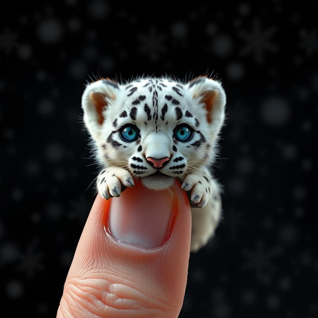 Miniature Snow Leopard on Fingertip: Digital Art