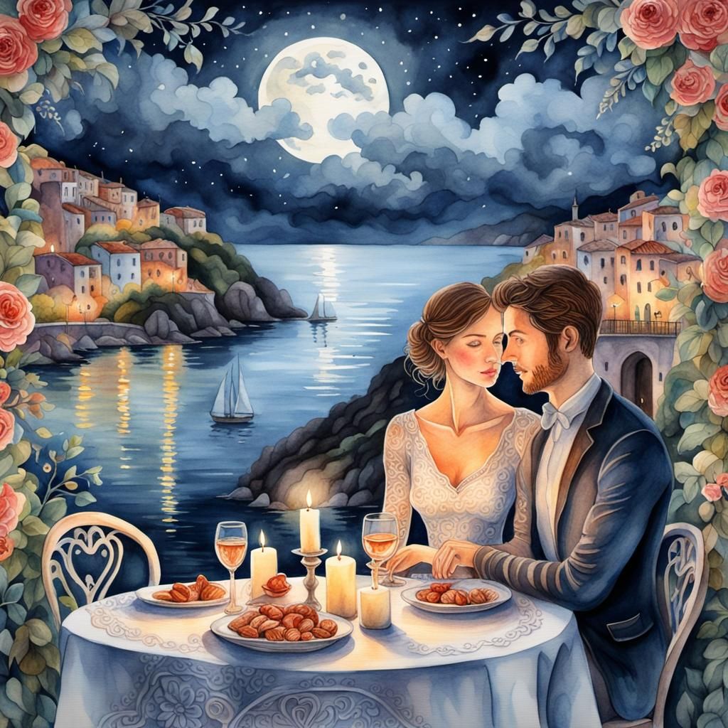 Romantic Valentine's Dinner in Coastal Italy: Watercolour Ar...