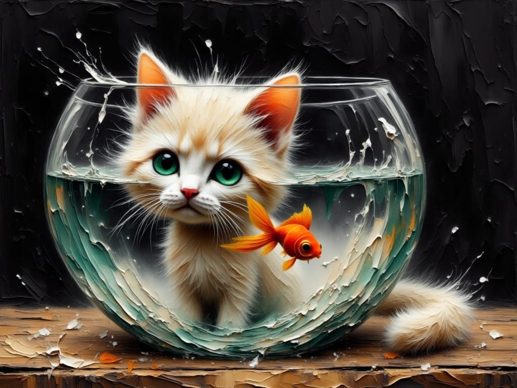 Liquid Cat and Goldfish in Fish Bowl - Oil Painting Style