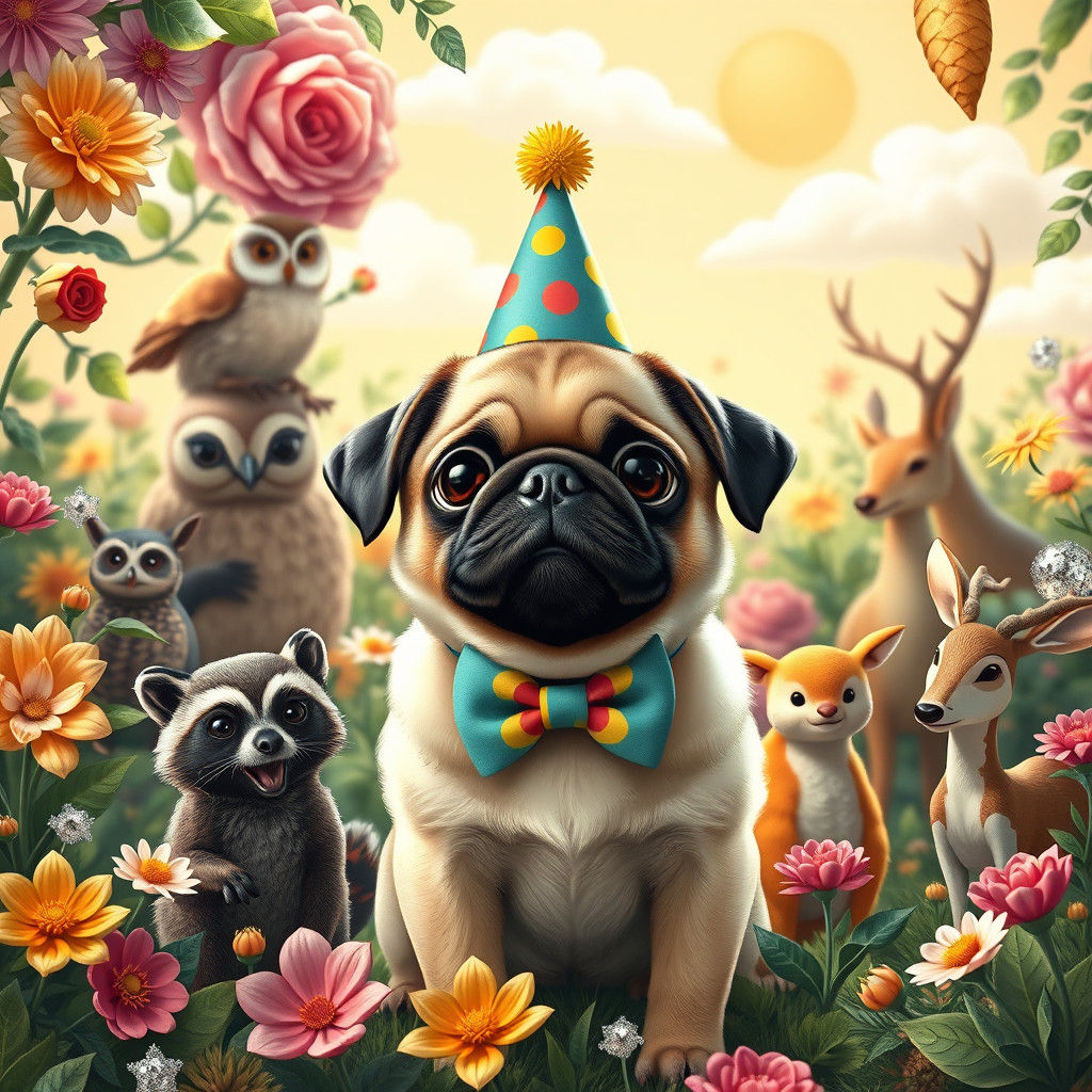 Playful Pug's Garden Party: Fantasy Art