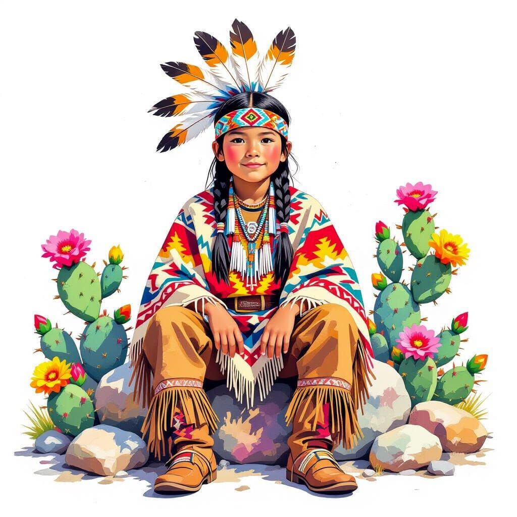 Native American Boy with Cacti in Watercolor Style