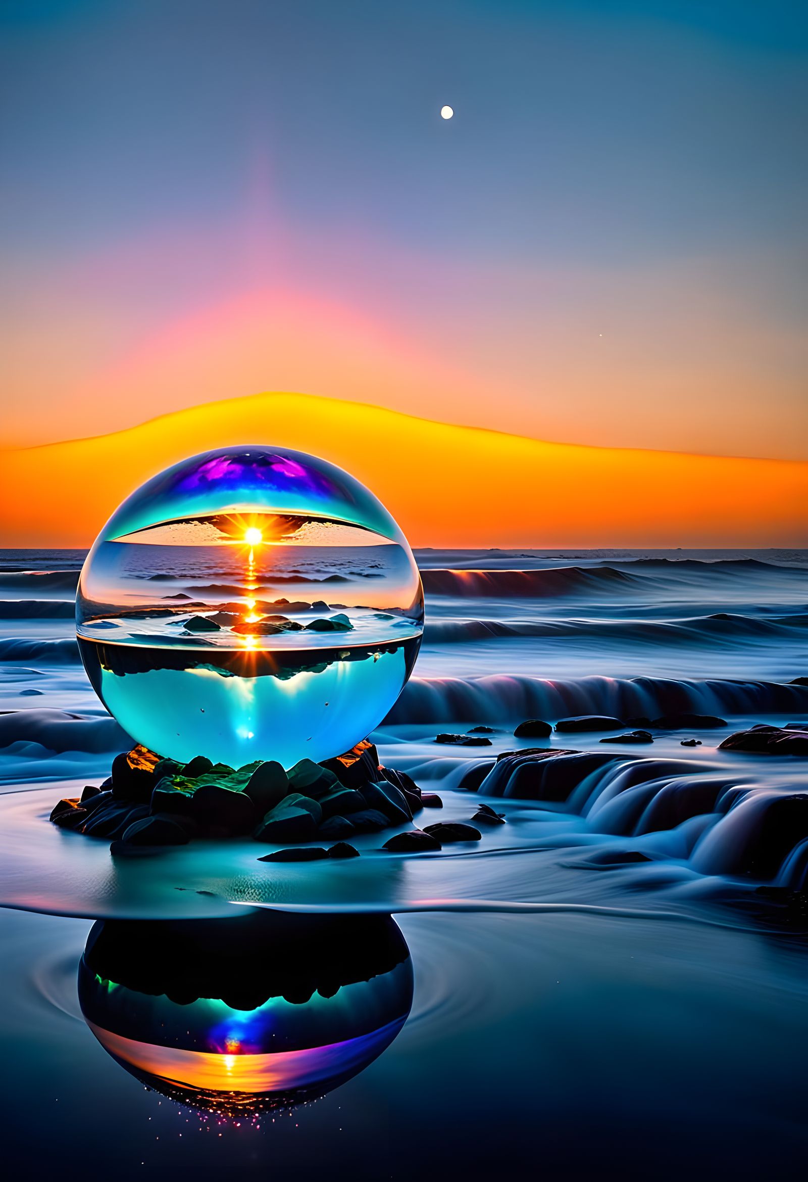 Luminous Globe Reflecting Neon Waves and Galaxies