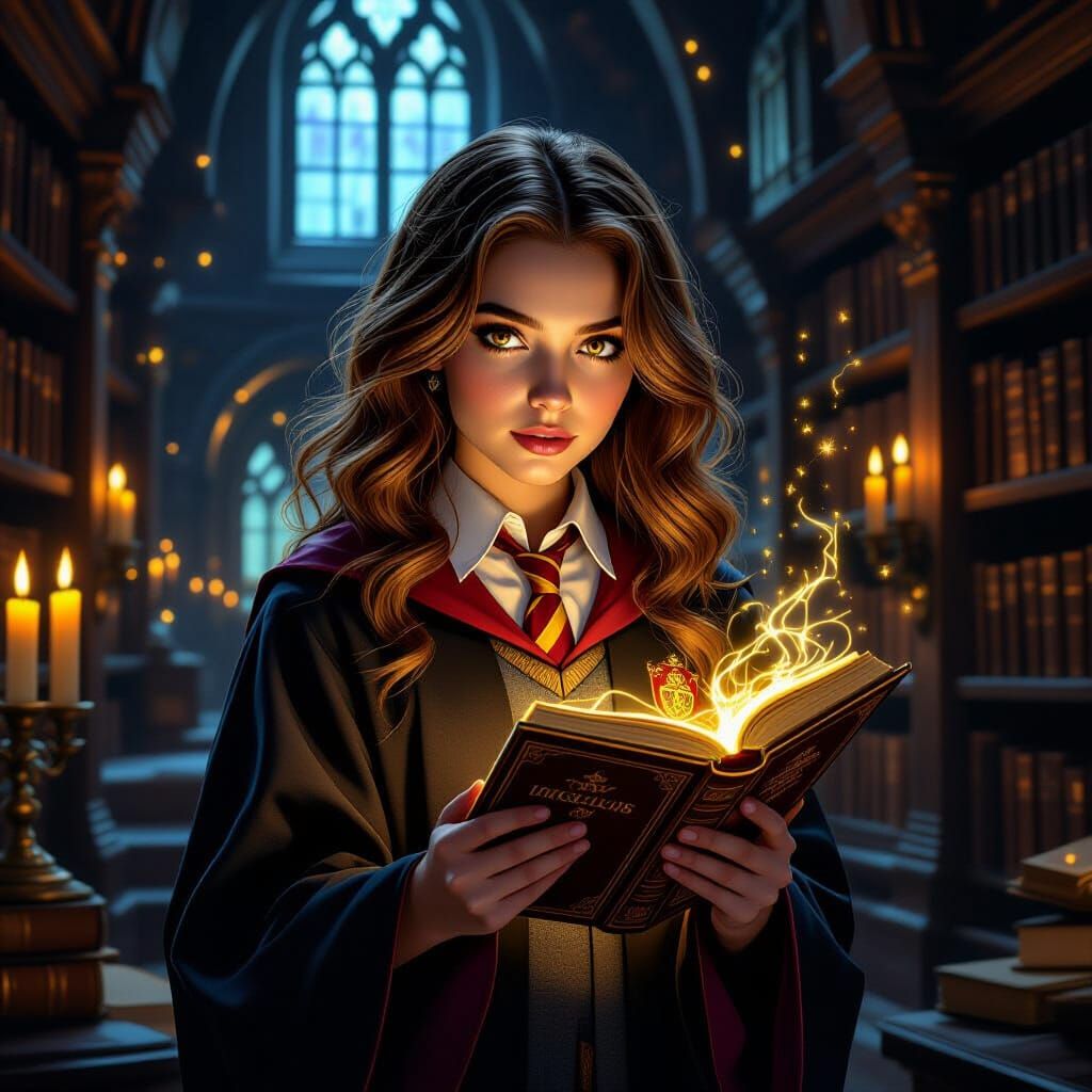Young Witch Holds Spellbook in Magic Library