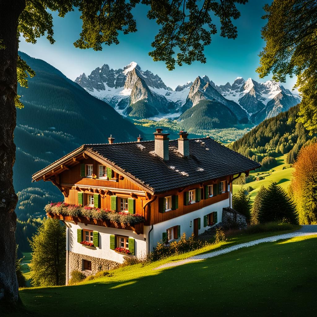 Bavarian Alps Landscape with Traditional German House