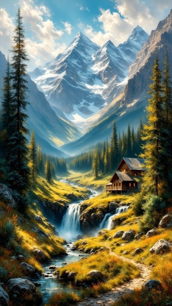 Majestic Mountain Landscape Painting with Waterfall and Cabi...