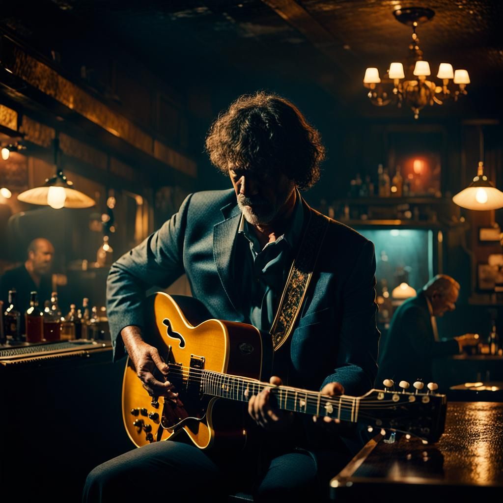 Blues Guitarist in Dark Bar: Cinematic Film Still