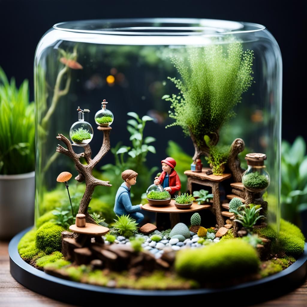 Whimsical Terrarium Scene with Characters