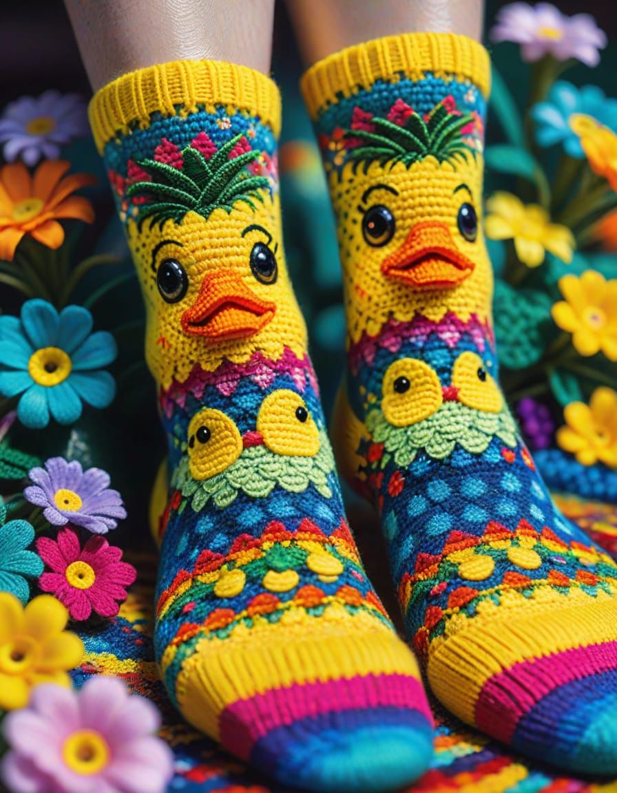 Crochet Socks with Ducks in Klimt Iridescent Style