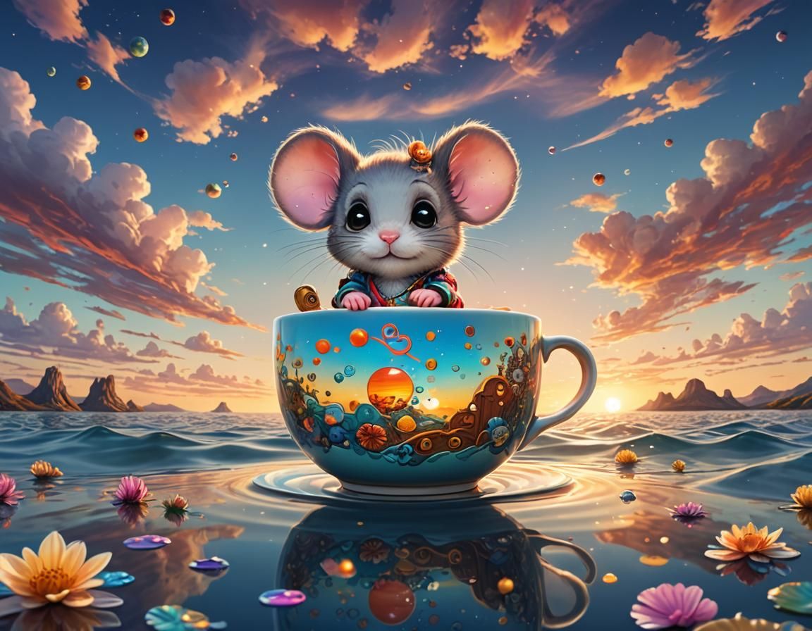 Chibi Mouse on the Open Sea at Sunset