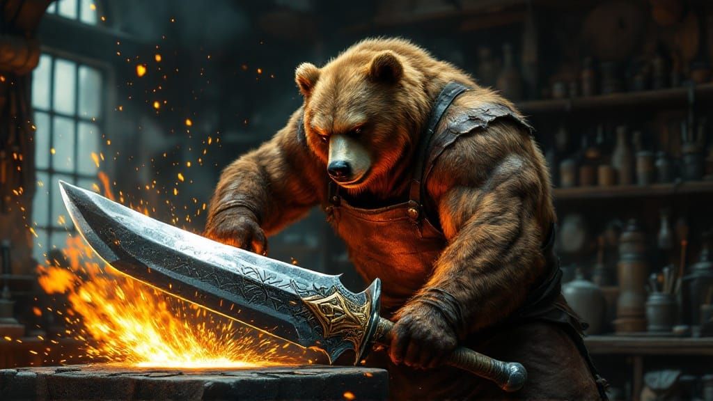 Powerful Bear Blacksmith Crafts Majestic Sword in Intense Fo...