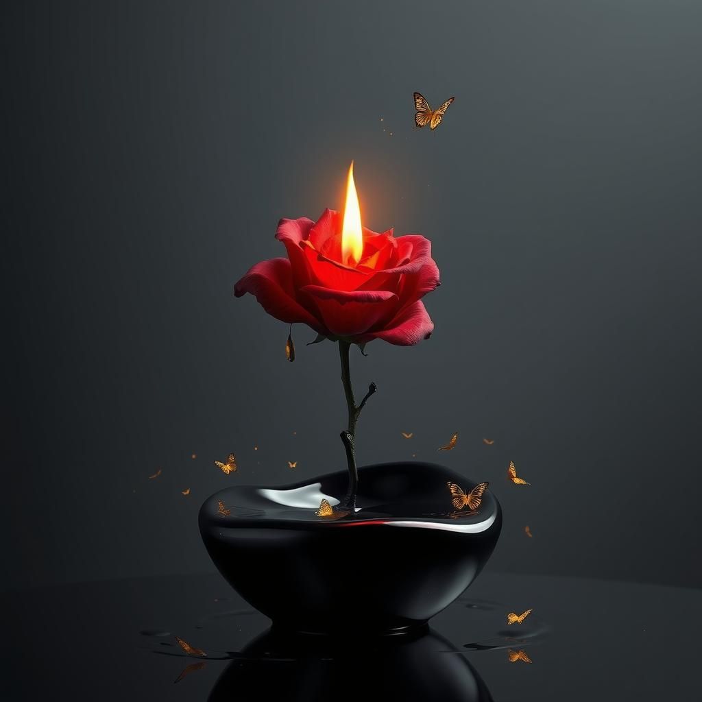 Molten Red Rose with Gold Butterflies