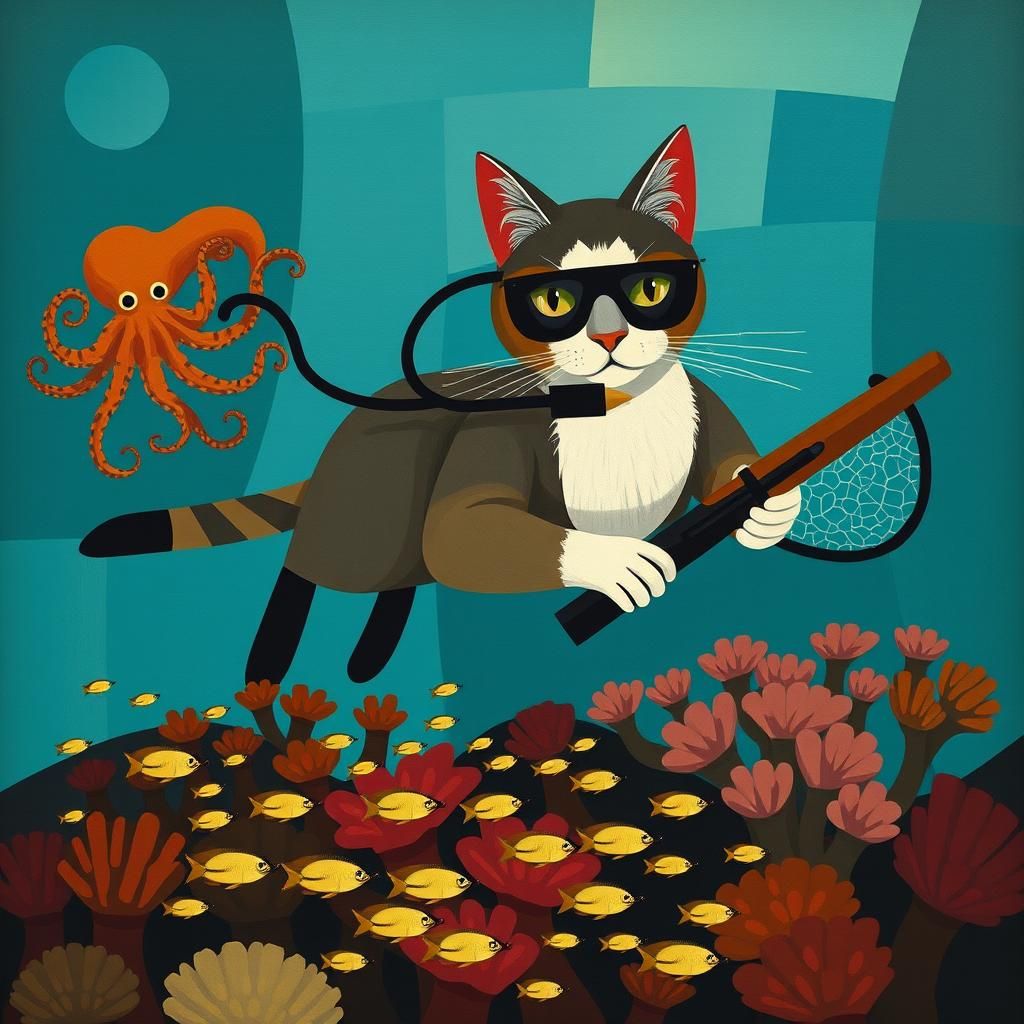 Cat Scuba Diving Adventure in Cubist Style