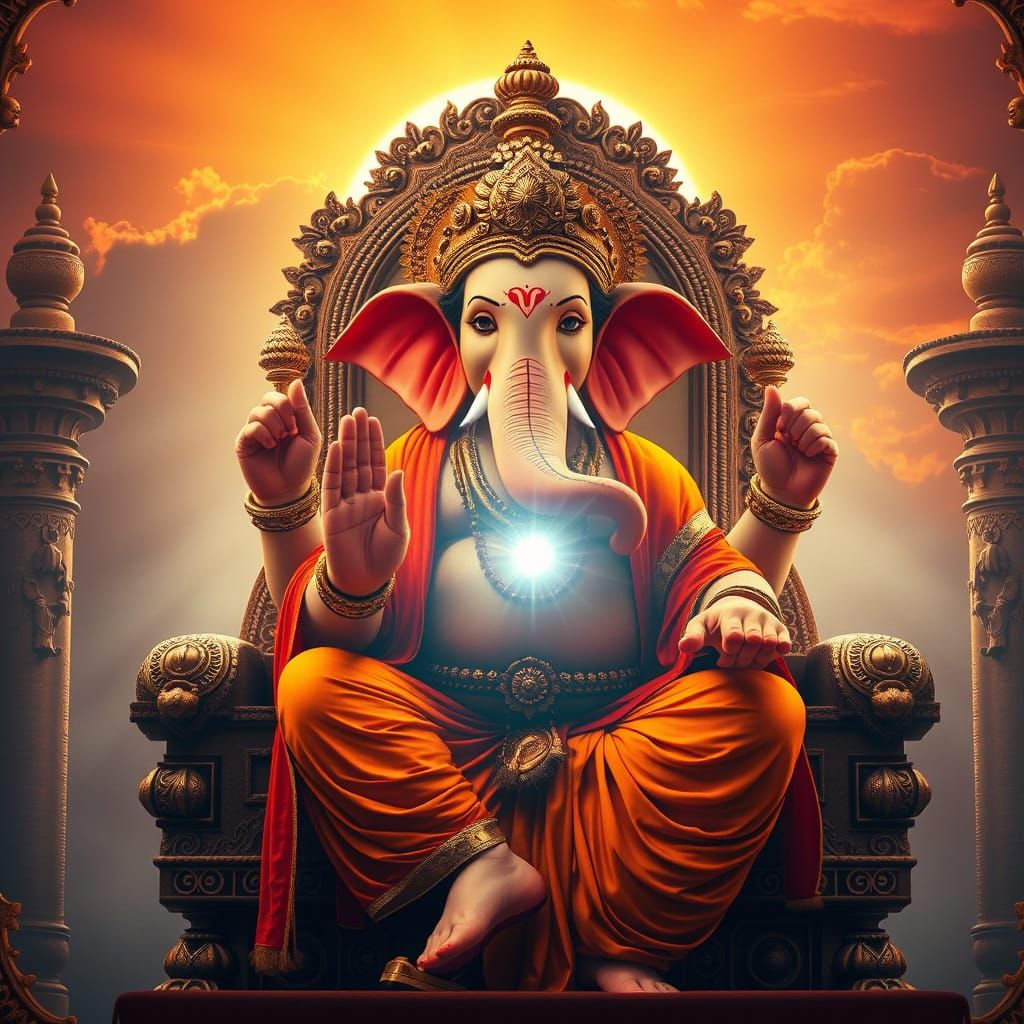 Majestic Lord Ganesha in Golden Armor and Vibrant Orange Rob...