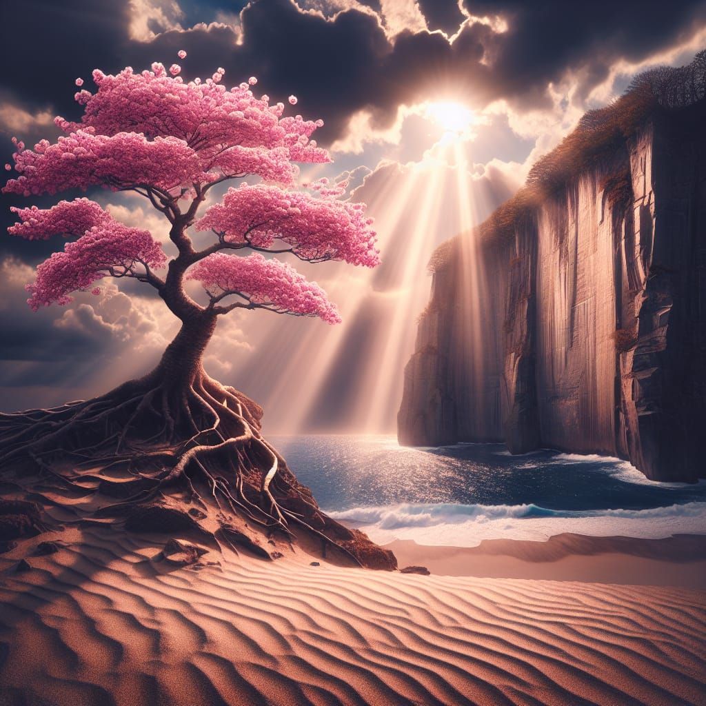 Sun Rays Illuminate Colossal Sakura Tree on Cliffside