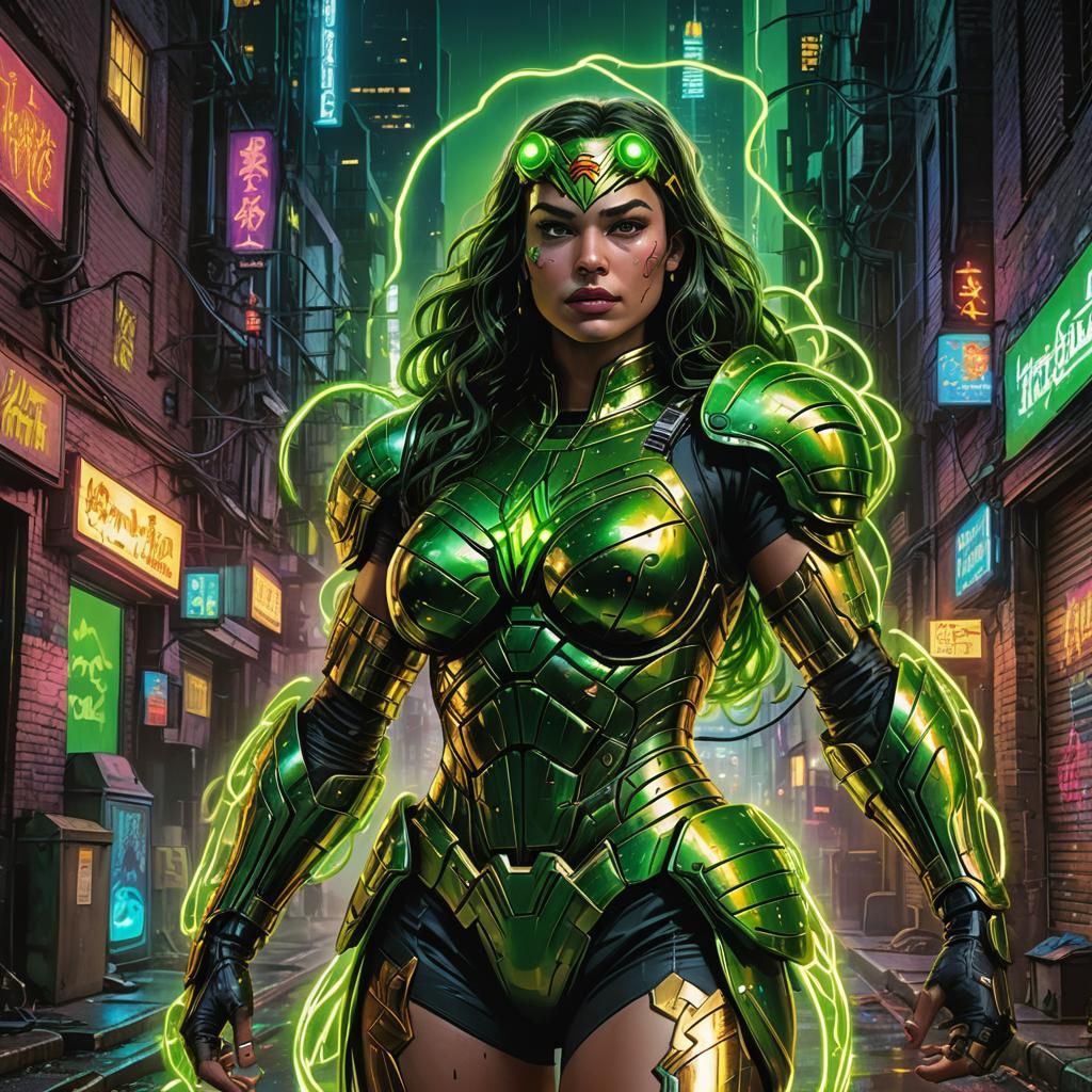 Cyberpunk Slimer-Wonder Woman Fusion in Neon Alley
