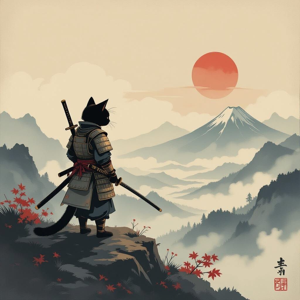 Samurai Kitten Contemplates Serene Valley in Ukiyo-e Style