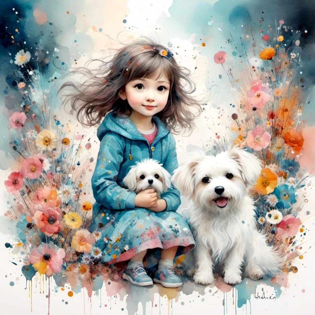 Whimsical Girl with Dog in Watercolour Style