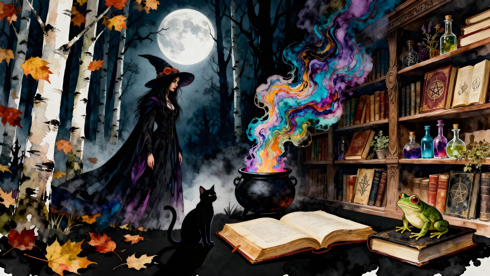 Witch in Aspen Grove with Grimoire and Cauldron