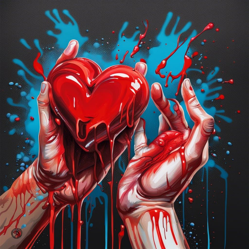 Hands Squeezing Heart in Graffiti Splash Art
