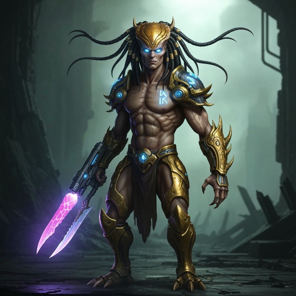 Biomechanical Alien Warrior in Futuristic Ruin