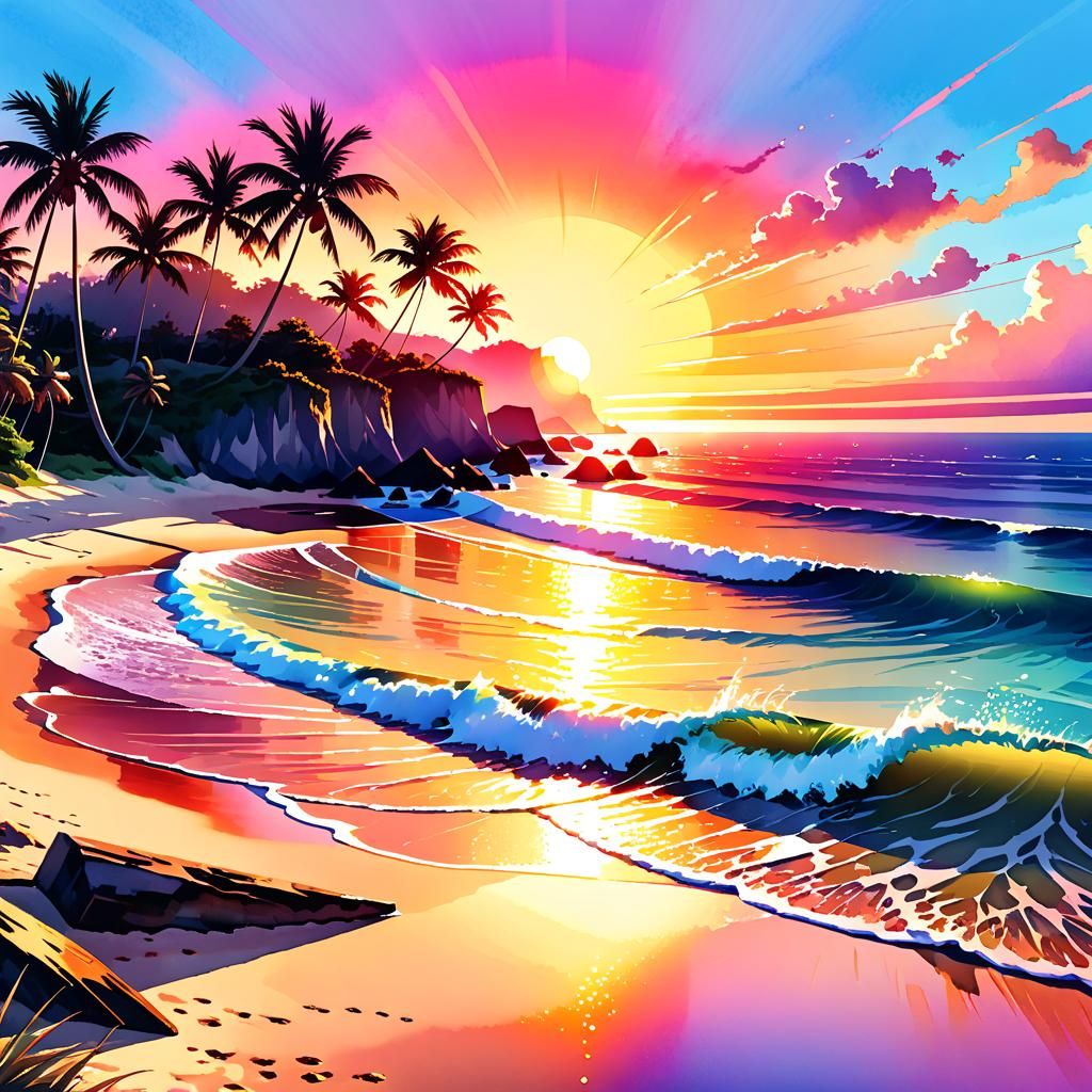 Beach Sunset in Digital Watercolor Illustration