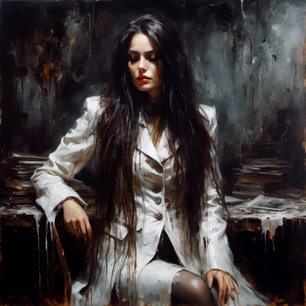 Gothic Woman in Latex Coat Oil Painting
