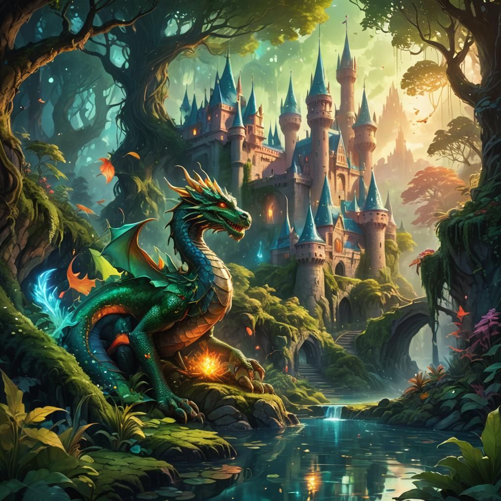 Vibrant Fantasy Art: Dragon, Castle, Mystical Forest