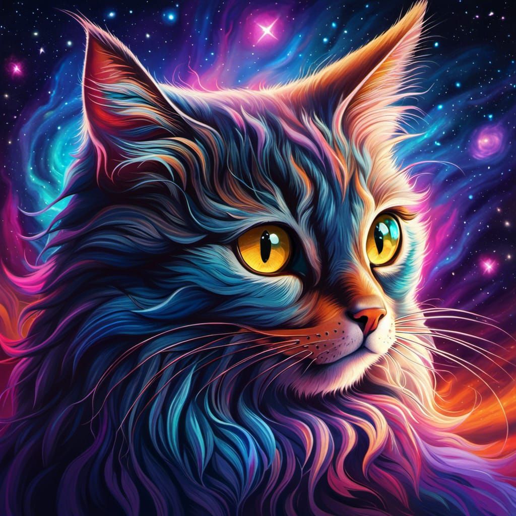 Mystical Galaxy Cat Portrait in Hyperrealism