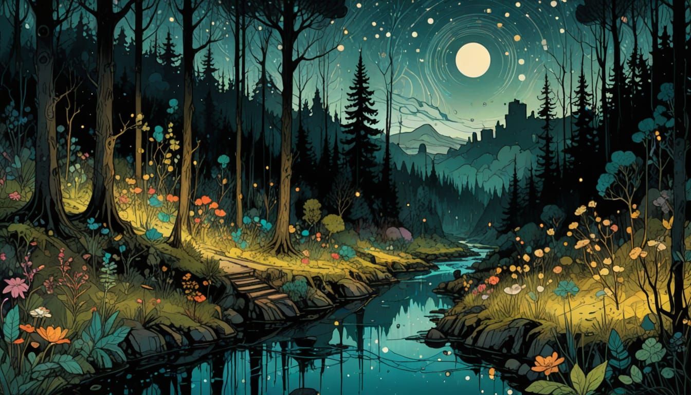 Enchanting Forest Nightscape with Stream and Stars
