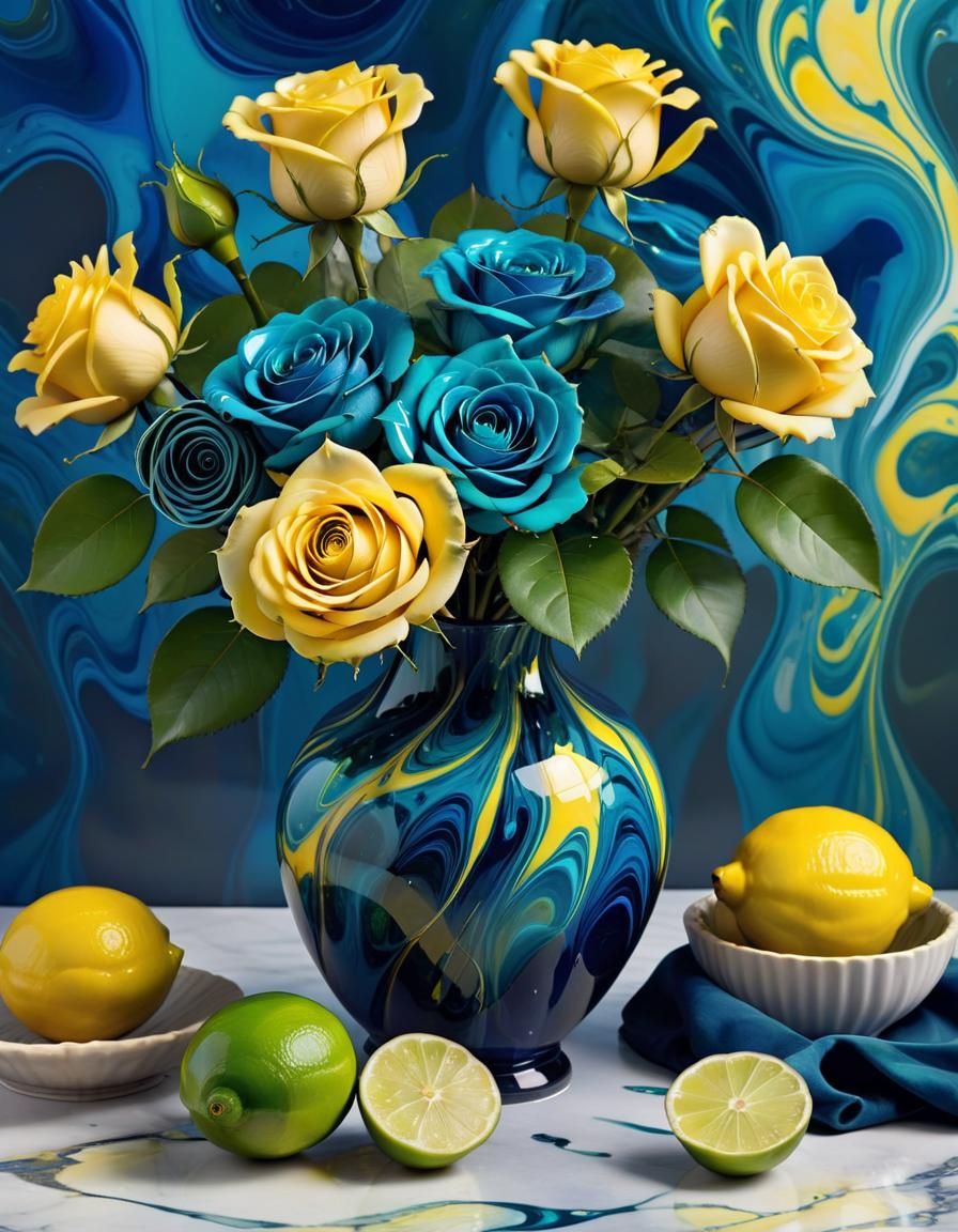 Yellow Roses and Citrus Still Life