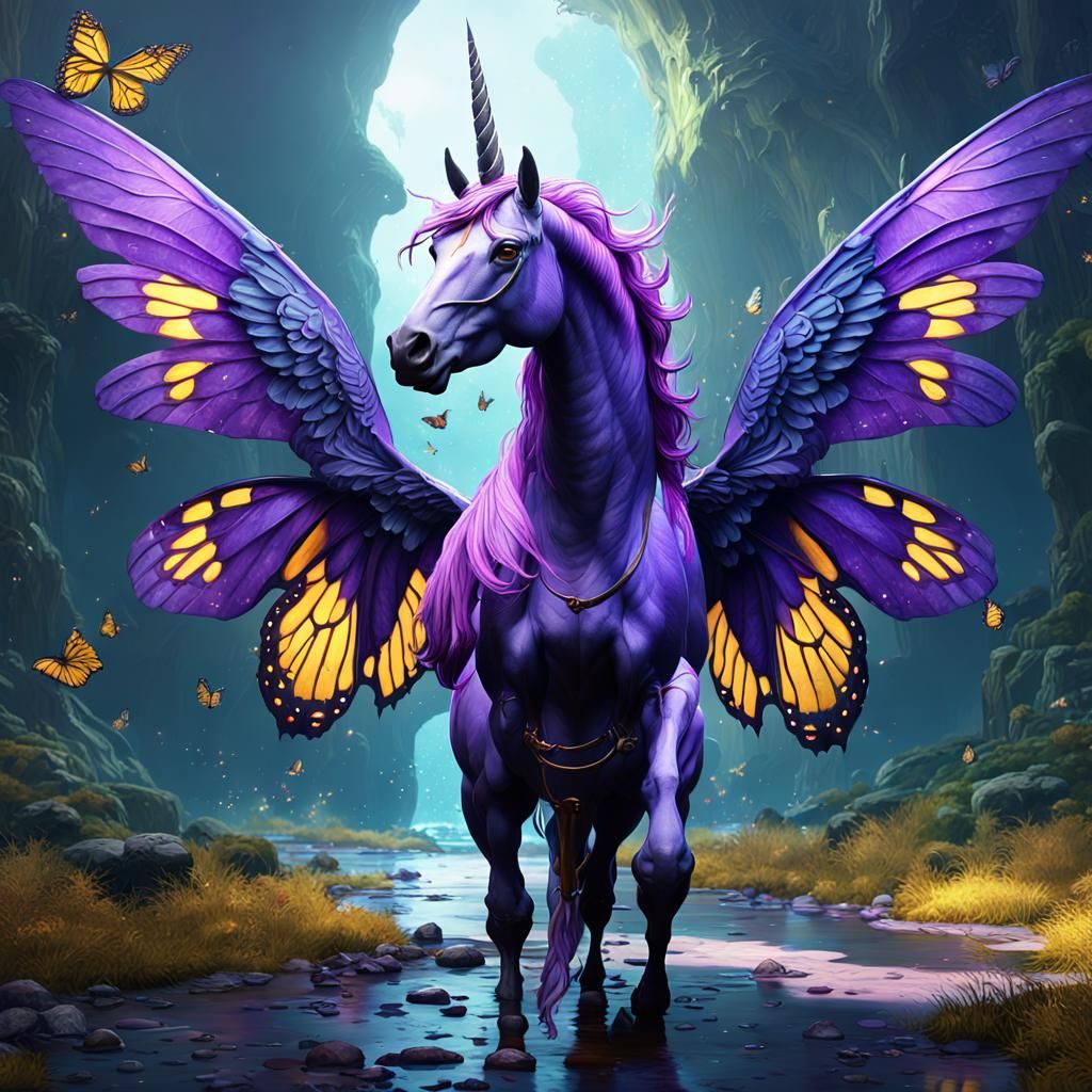 Winged Purple Unicorn in a Dark Fantasy Landscape