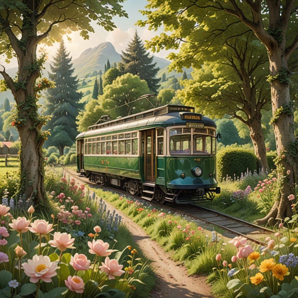 Quaint Folk Art Glass and Steel Tram in a Vibrant Rural Scen...