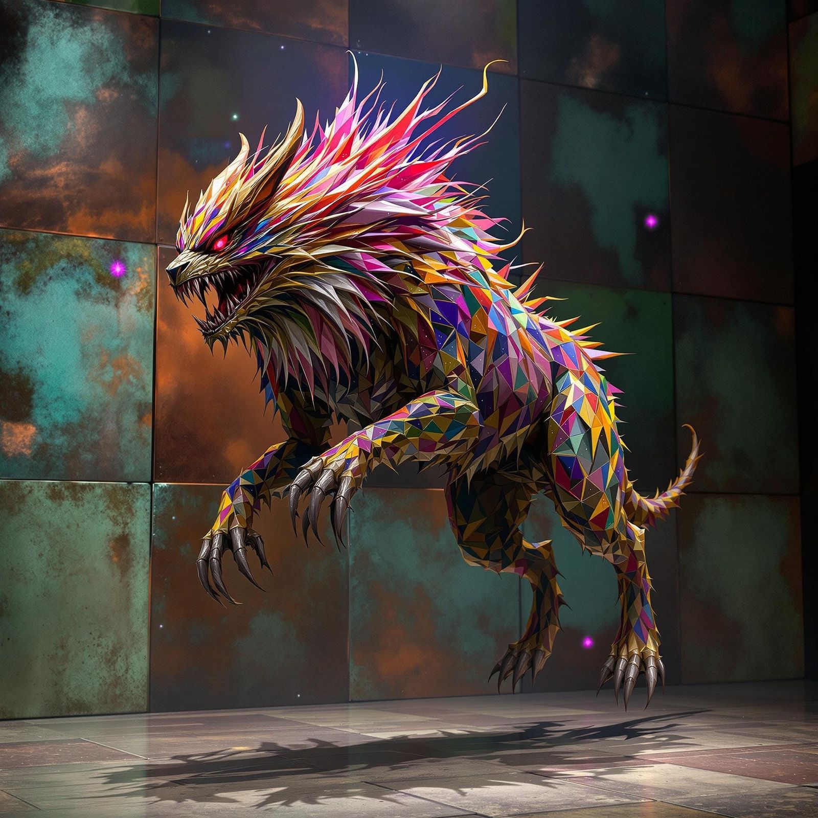 Magical Hovering Beast Amidst Copper Panels