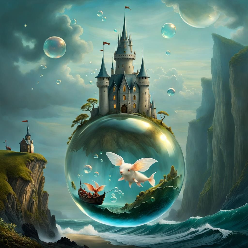 Axolotl in Bubble with Castle, Fantasy Art