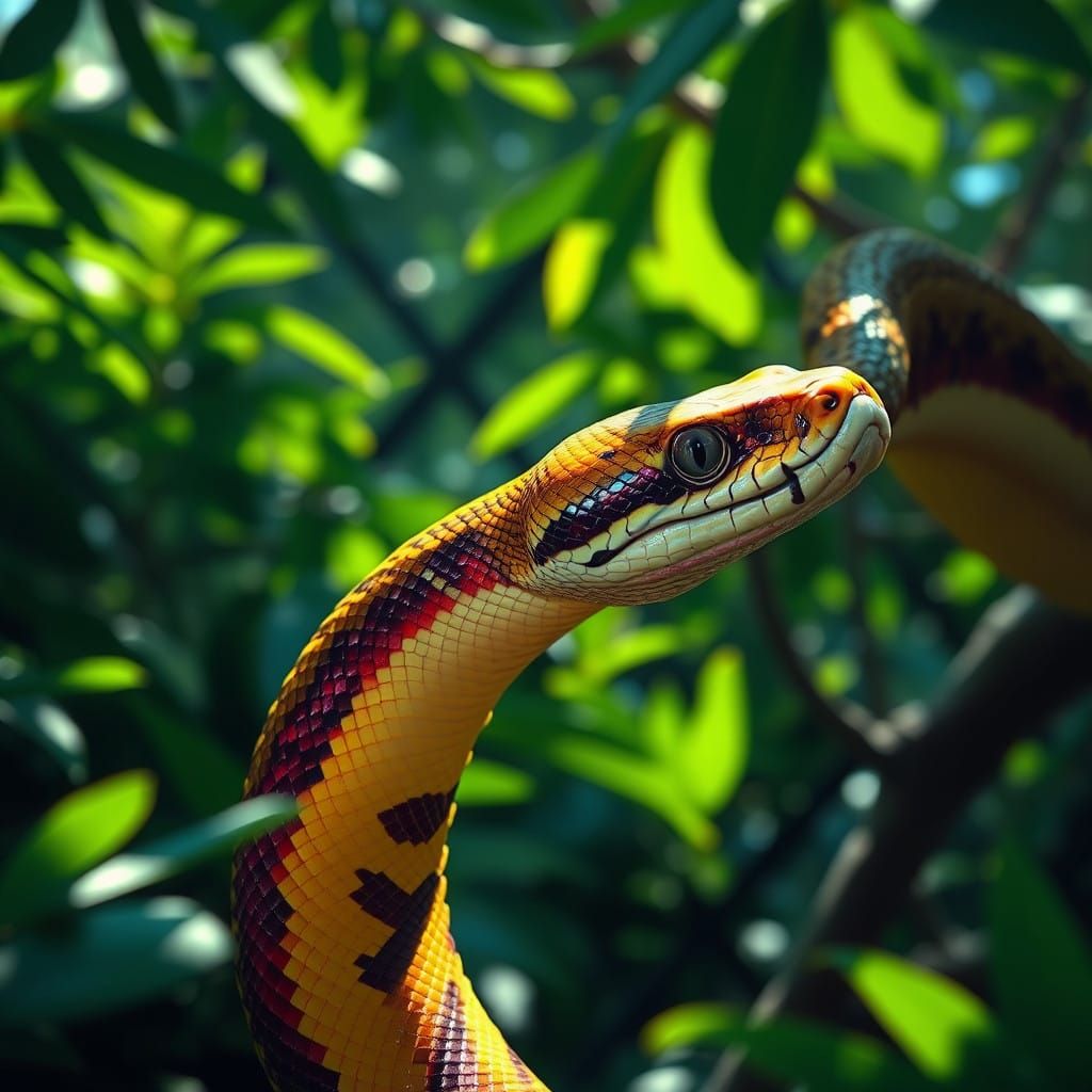 Rainbow Reticulated Python in Tropical Rainforest