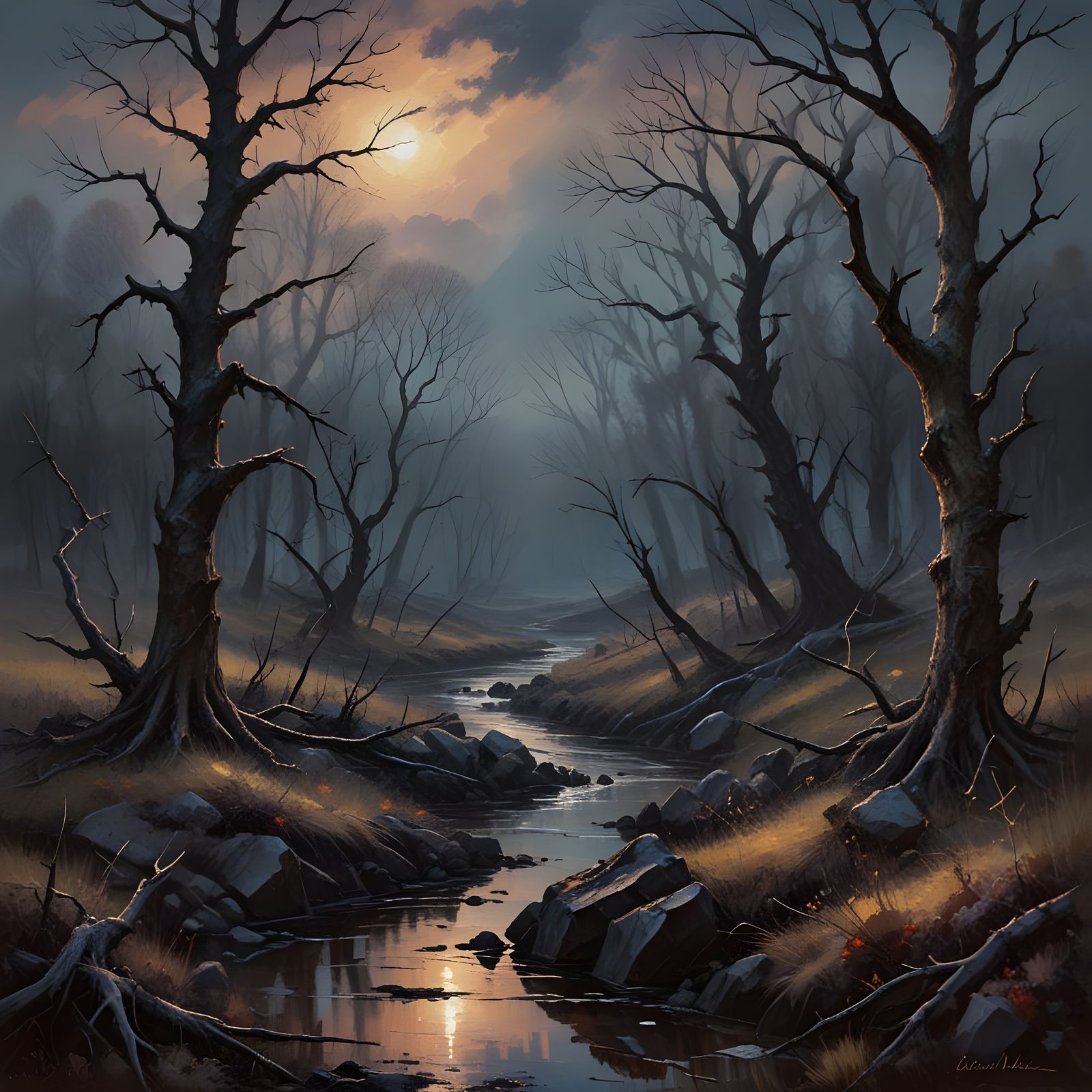 Romantic Oil Painting of Wraith Forest at Dusk