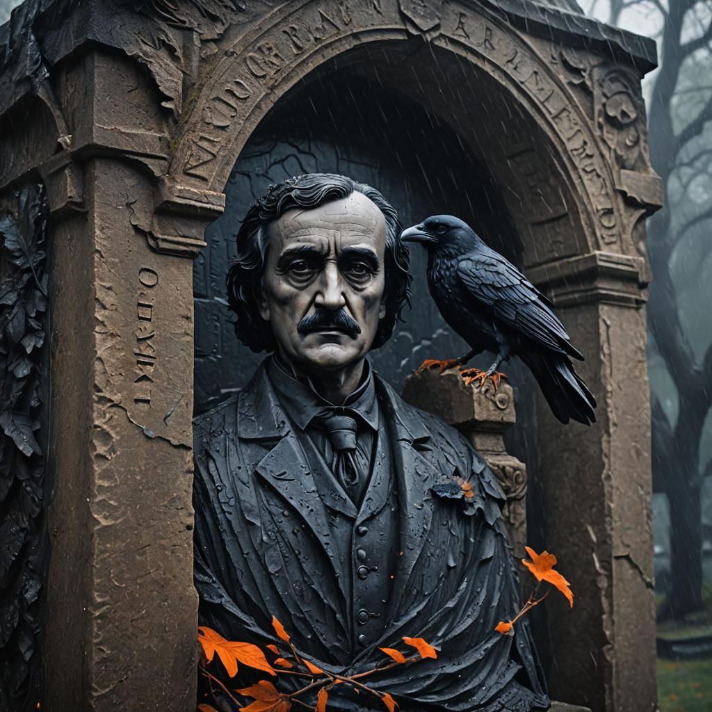 Edgar Allan Poe Portrait in Stone, Gothic Style