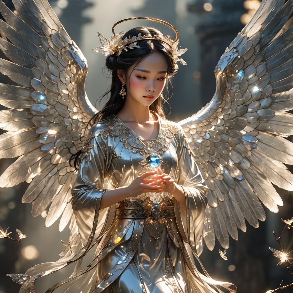 Chinese Angel with Crystal Wings and Backlighting