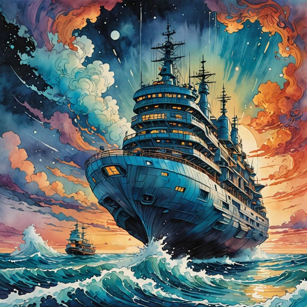 Futuristic Ship on Glowing Ocean in Watercolor Style