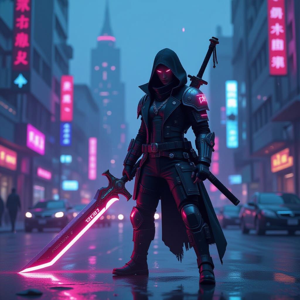 Cyberpunk Warrior with WoW Sword in Neon City