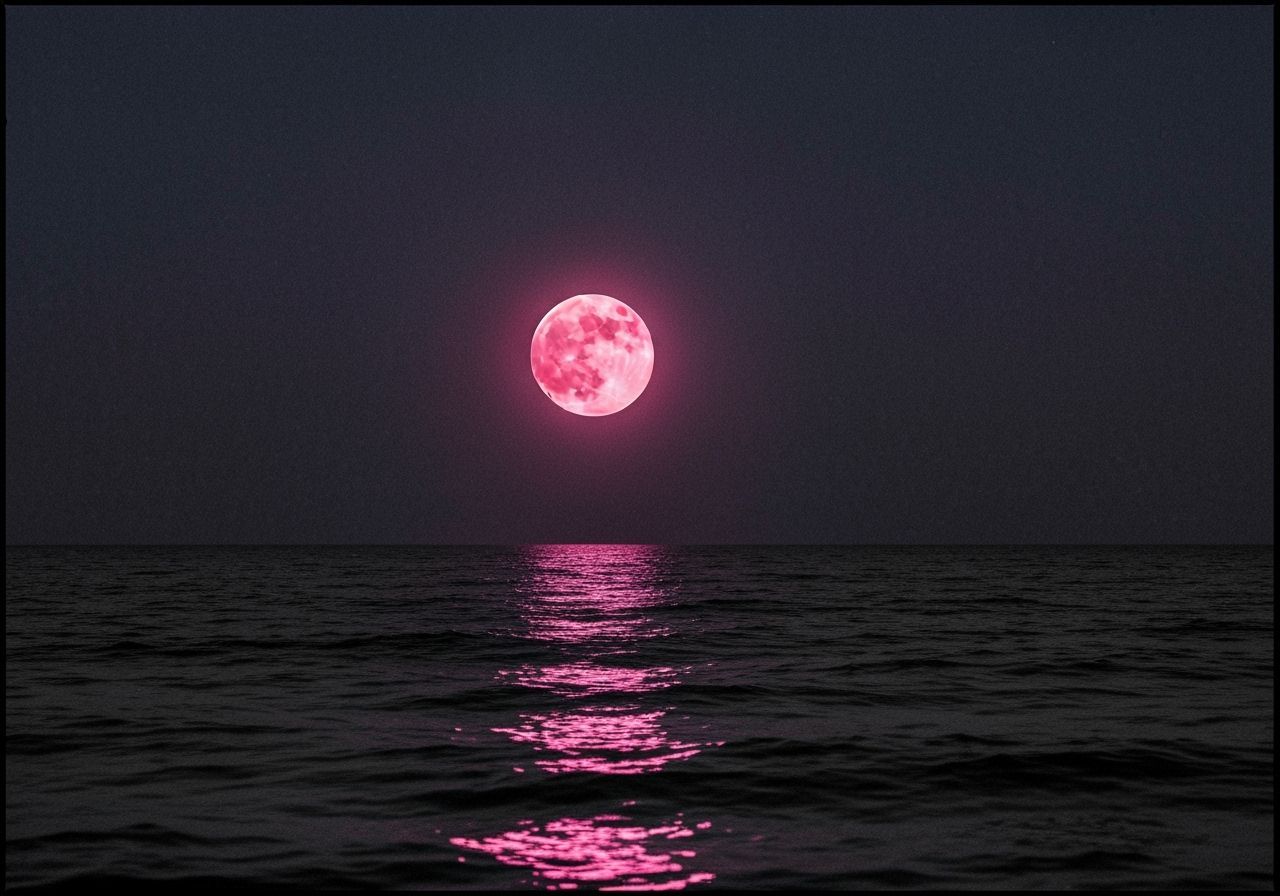 Pink Moon Over Ocean with Distorted Reflection