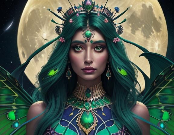 Lunar Goddess with Moon Moth in Cosmic Sky