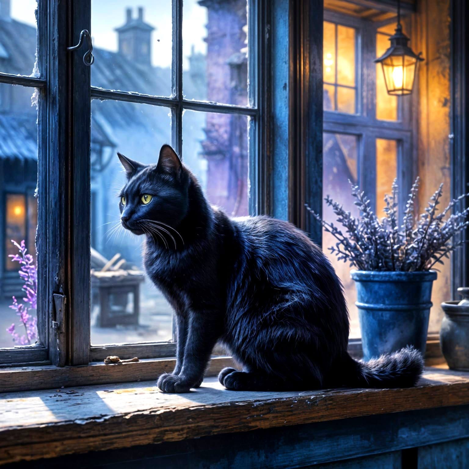 Black Cat in Village Window at Twilight
