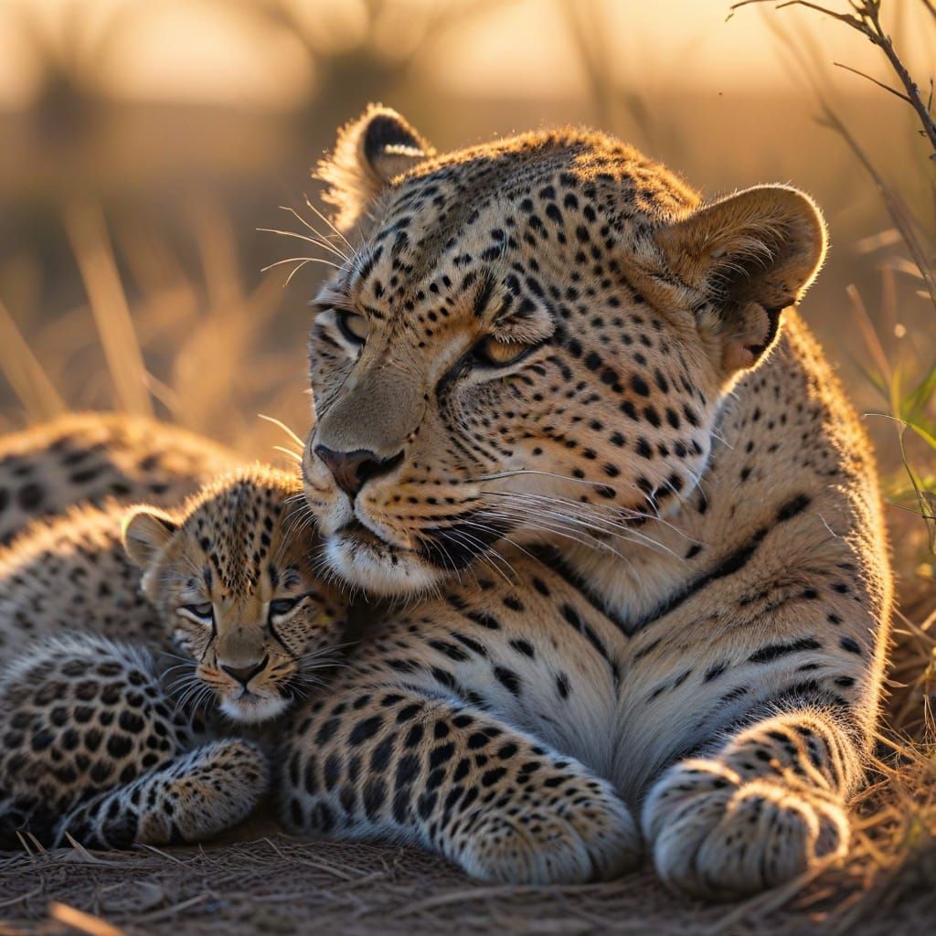 A Leopard Mother and Cub Bask in Golden Savannah Light