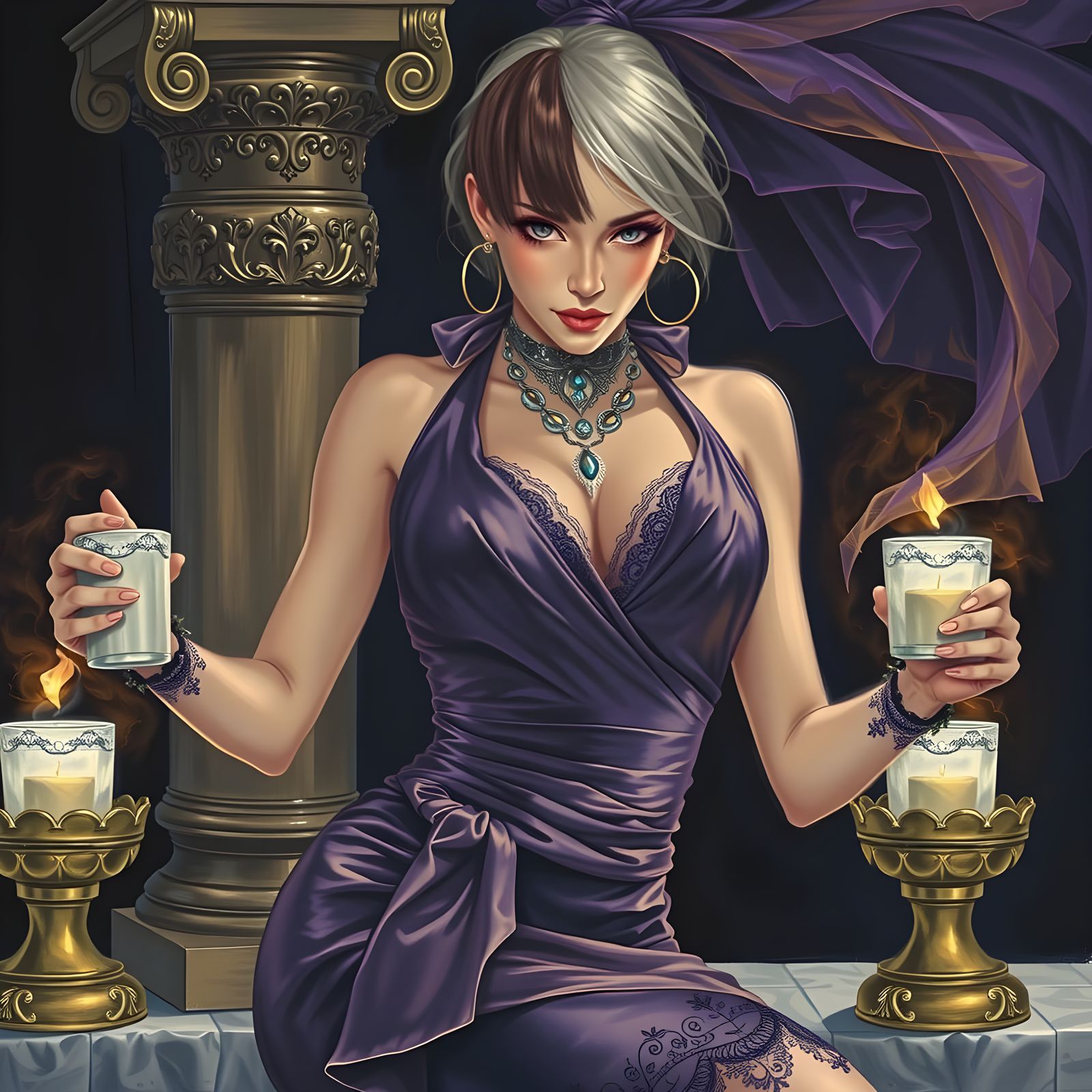 Woman in Purple Satin and Silver Lace Dress