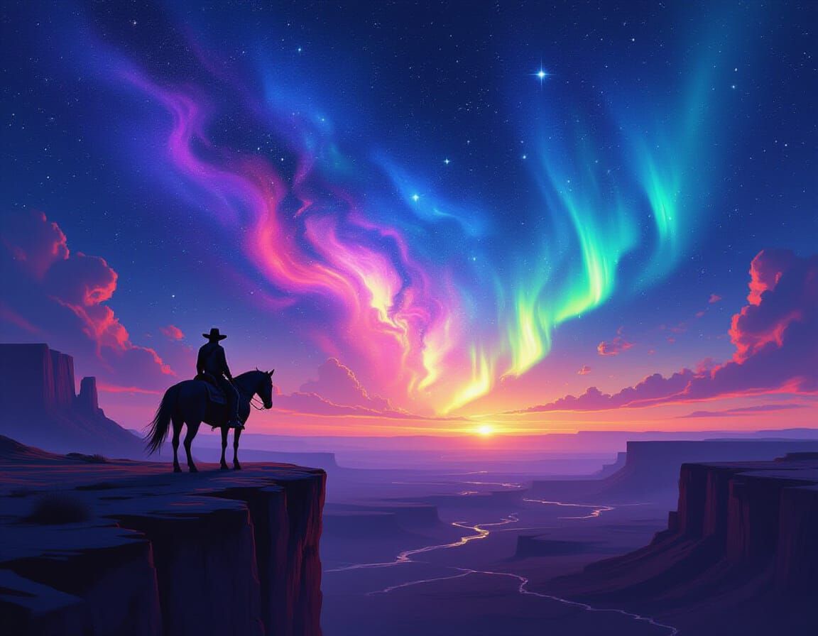 Cosmic Cowboy on Cliff Overlooking Starry Desert